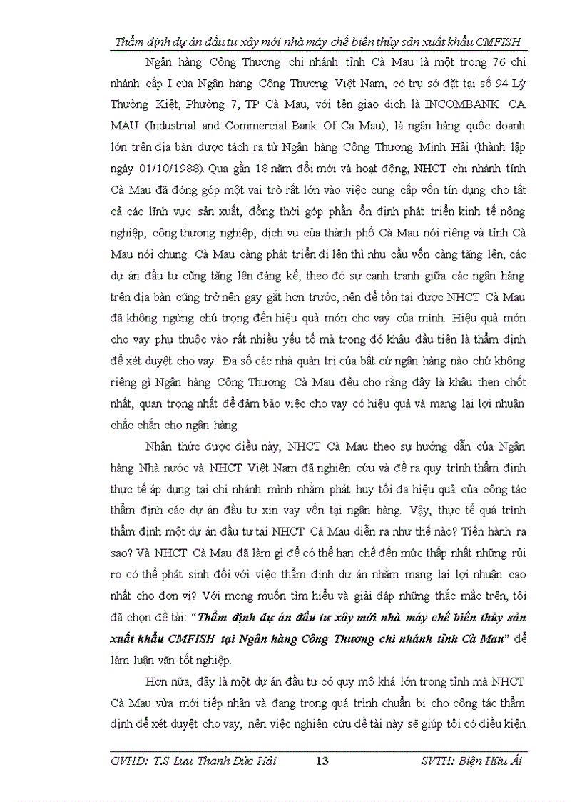 image for page Thẩm định dự án đầu tư xây mới nhà máy chế biến thủy sản cmfish tại ngân hàng công thương cà mau