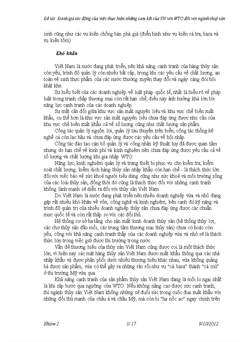 Đánh giá tác động của việc thực hiện những cam kết của VN với WTO đối với ngành thuỷ sản