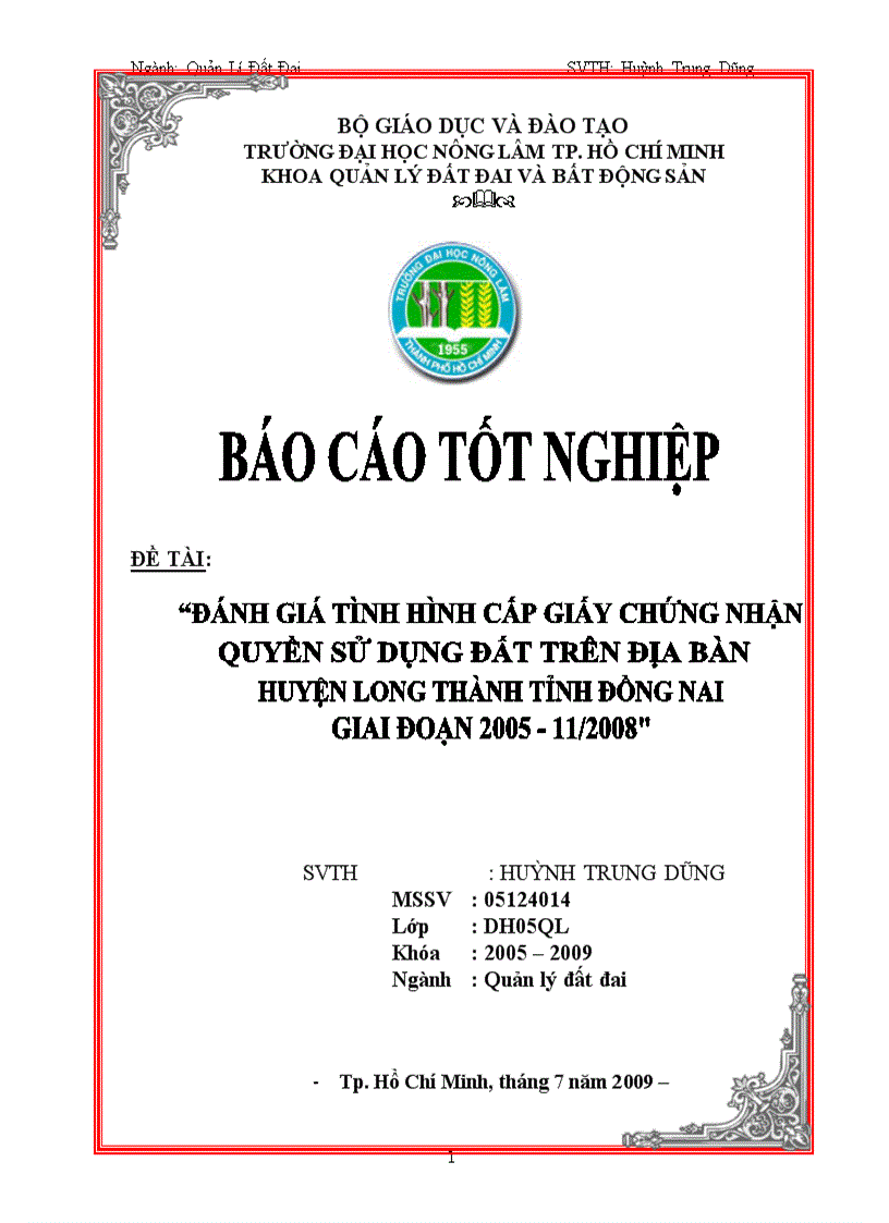 Luận văn Đánh giá tình hình cấp giấy chứng nhận quyền sử dụng đất trên địa bàn huyện Long Thành tỉnh Đồng Nai