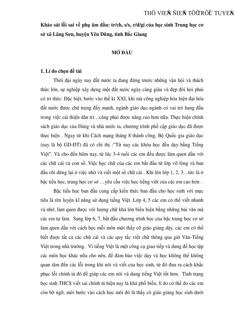 Khảo sát lỗi sai về phụ âm đầu tr ch s x r d gi của học sinh Trung học cơ sở xã Lãng Sơn huyện Yên Dũng tỉnh Bắc Giang