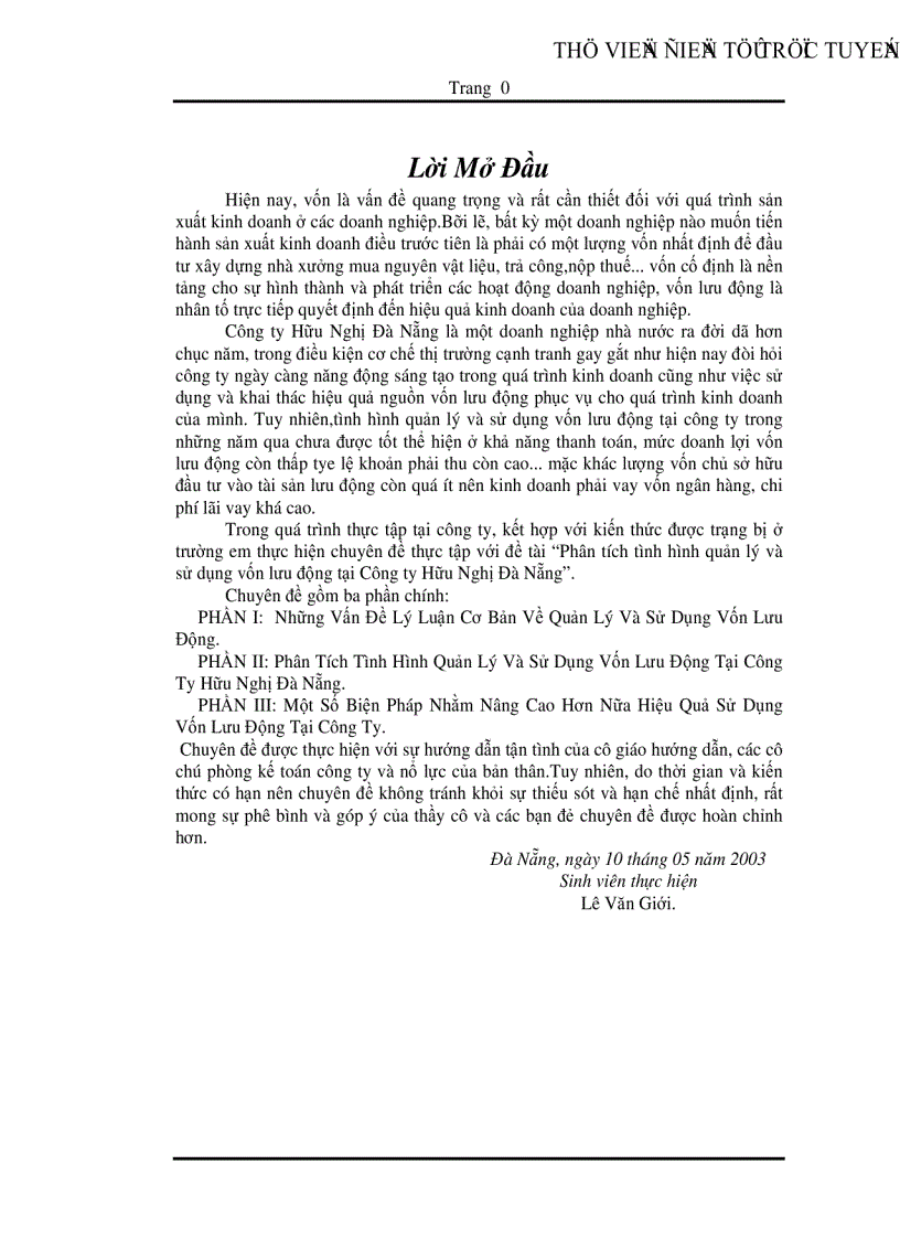 image for page Phân tích tình hình quản lý và sử dụng vốn lưu động tại Công ty Hữu Nghị Đà Nẵng