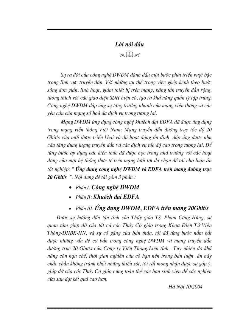 Ứng dụng công nghệ DWDM và EDFA trên mạng đường trục 20 Gbit s