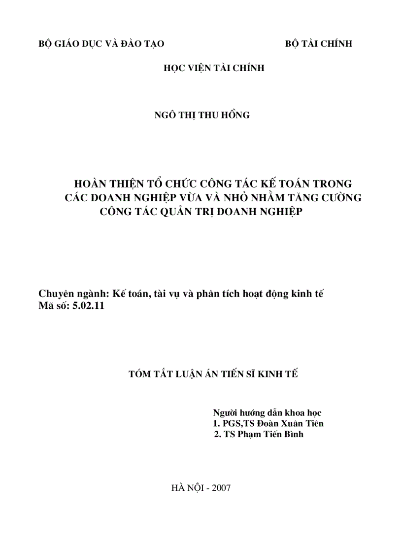 Hoàn thiện tổ chức công tác kế toán trong các doanh nghiệp vừa và nhỏ nhằm tăng cường công tác quản trị doanh nghiệp