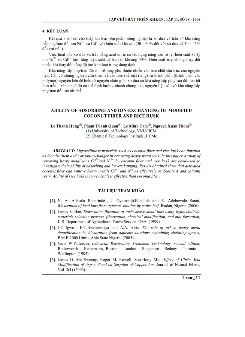 image for page Nghiên cứu khả năng hấp phụ và trao đổi ion của xơ dừa và vỏ trấu biến tính