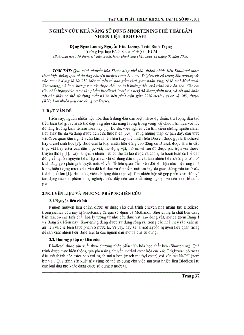 image for page Nghiên cứu khả năng sử dụng shortening phế thải làm nhiên liệu biodiese