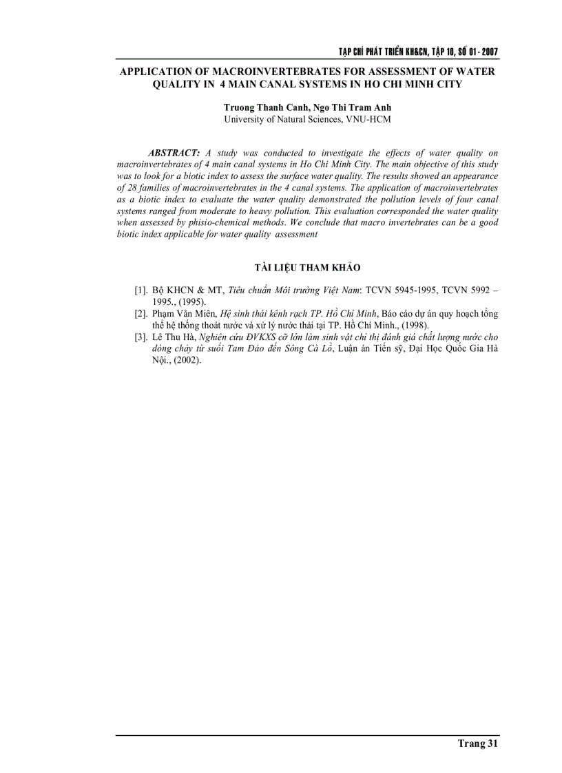 image for page Nghiên cứu sử dụng động vật không xương sống cỡ lớn để đánh giá chất lượng nước trên 4 hệ thống kênh chính tại Tp Hồ Chí Minh