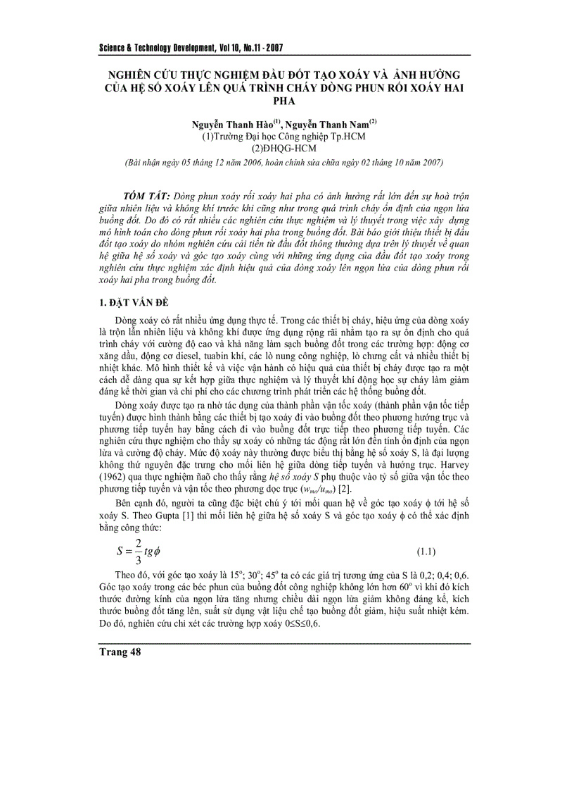 image for page Nghiên cứu thực nghiệm đầu đốt tạo xoáy và ảnh hưởng của hệ số xoáy lên quá trình cháy dòng phun rối xoáy hai pha