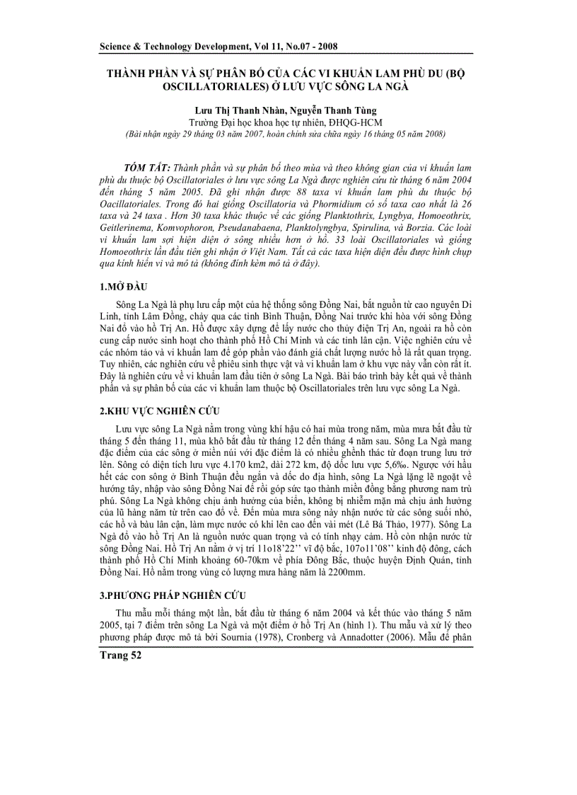 image for page Thành phần và sự phân bố của các vi khuẩn lam phù du bộ oscillatoriales ở lưu vực sông La Ngà