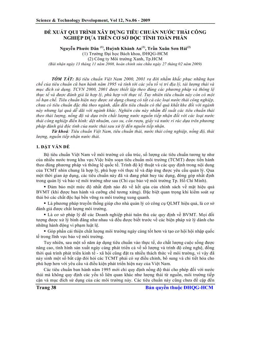 image for page Đề xuất qui trình xây dựng tiêu chuẩn nước thải công nghiệp dựa trên cơ sở độc tính toàn phần