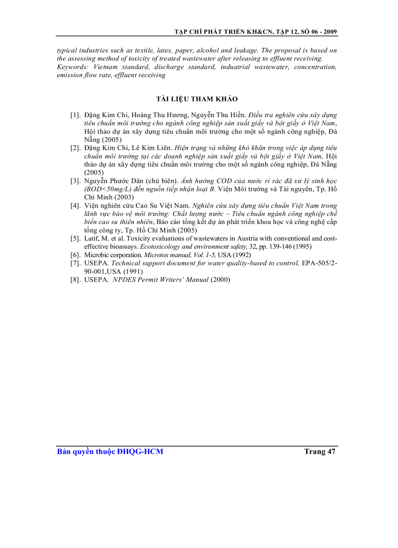 image for page Đề xuất qui trình xây dựng tiêu chuẩn nước thải công nghiệp dựa trên cơ sở độc tính toàn phần