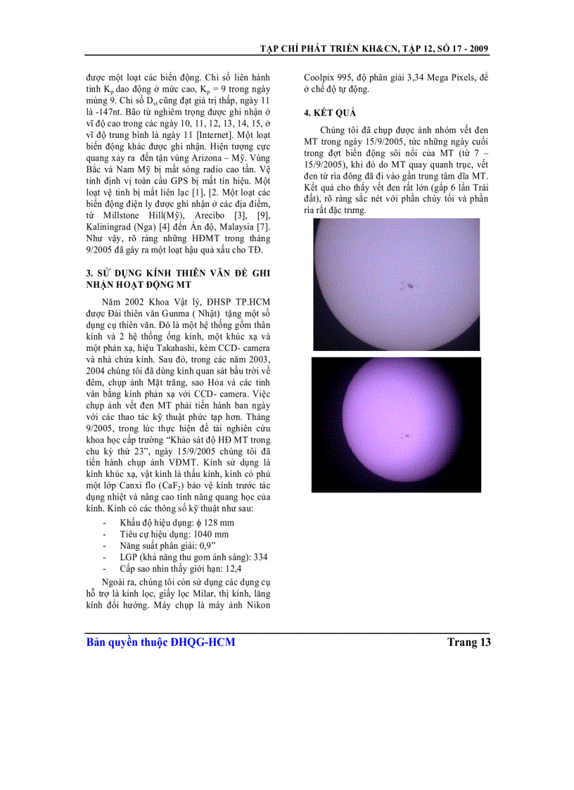Ghi nhận hoạt động mặt trời trong tháng 9 năm 2005 bằng kính thiên văn tại trường Đại học Sư phạm Tp HCM