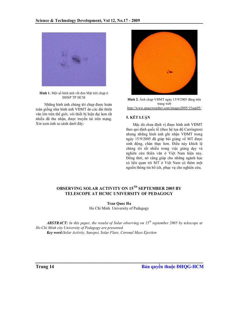 Ghi nhận hoạt động mặt trời trong tháng 9 năm 2005 bằng kính thiên văn tại trường Đại học Sư phạm Tp HCM