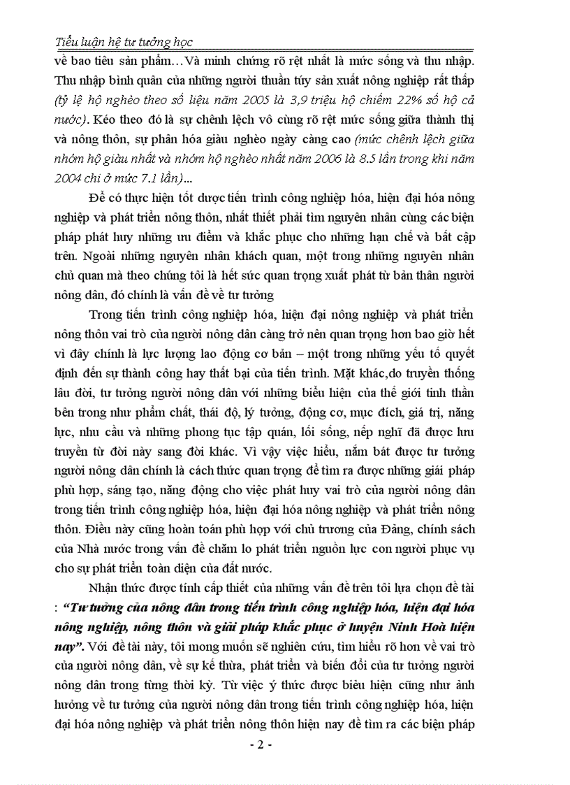 Tư tưởng của nông dân trong tiến trình công nghiệp hóa hiện đại hóa nông nghiệp nông thôn và giải pháp khắc phục ở huyện Ninh Hoà hiện nay
