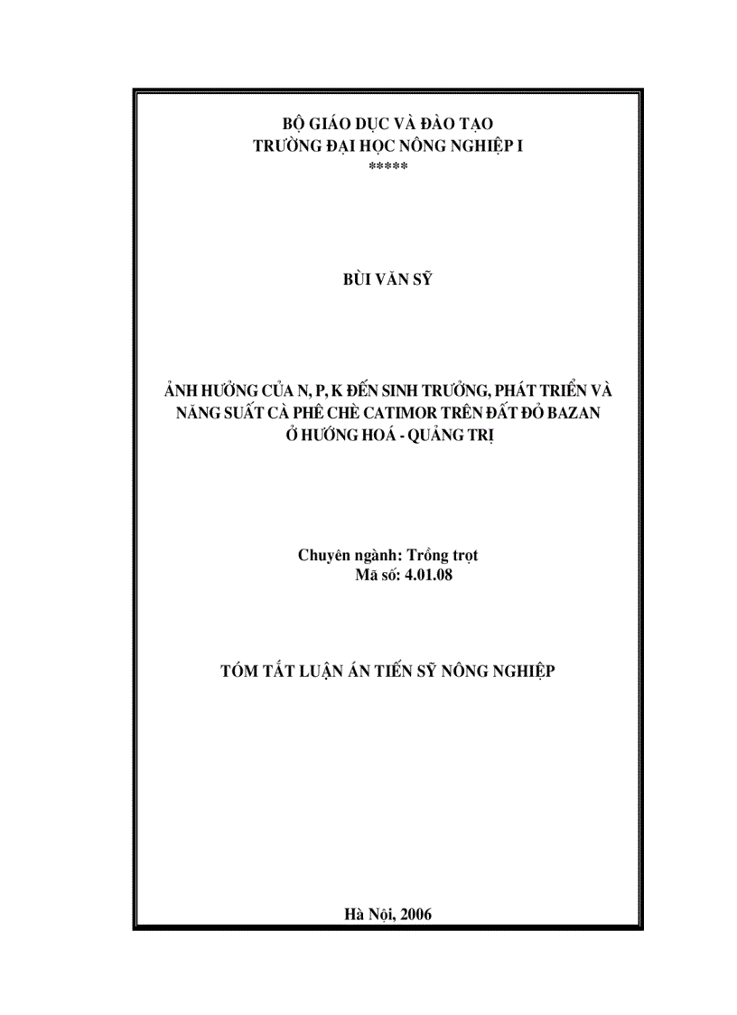 image for page Ảnh hưởng của N P K đến sinh trưởng phát triển và năng suất cà phê chè catimor trên đất đỏ bazan ở Hướng Hoá Quảng Trị