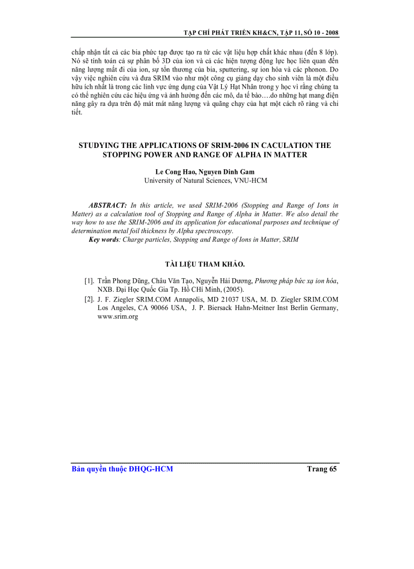 image for page Nghiên cứu khả năng ứng dụng của Srim 2006 cho việc tính toán năng suất hãm và quãng chạy hạt Alpha trong vật liệu