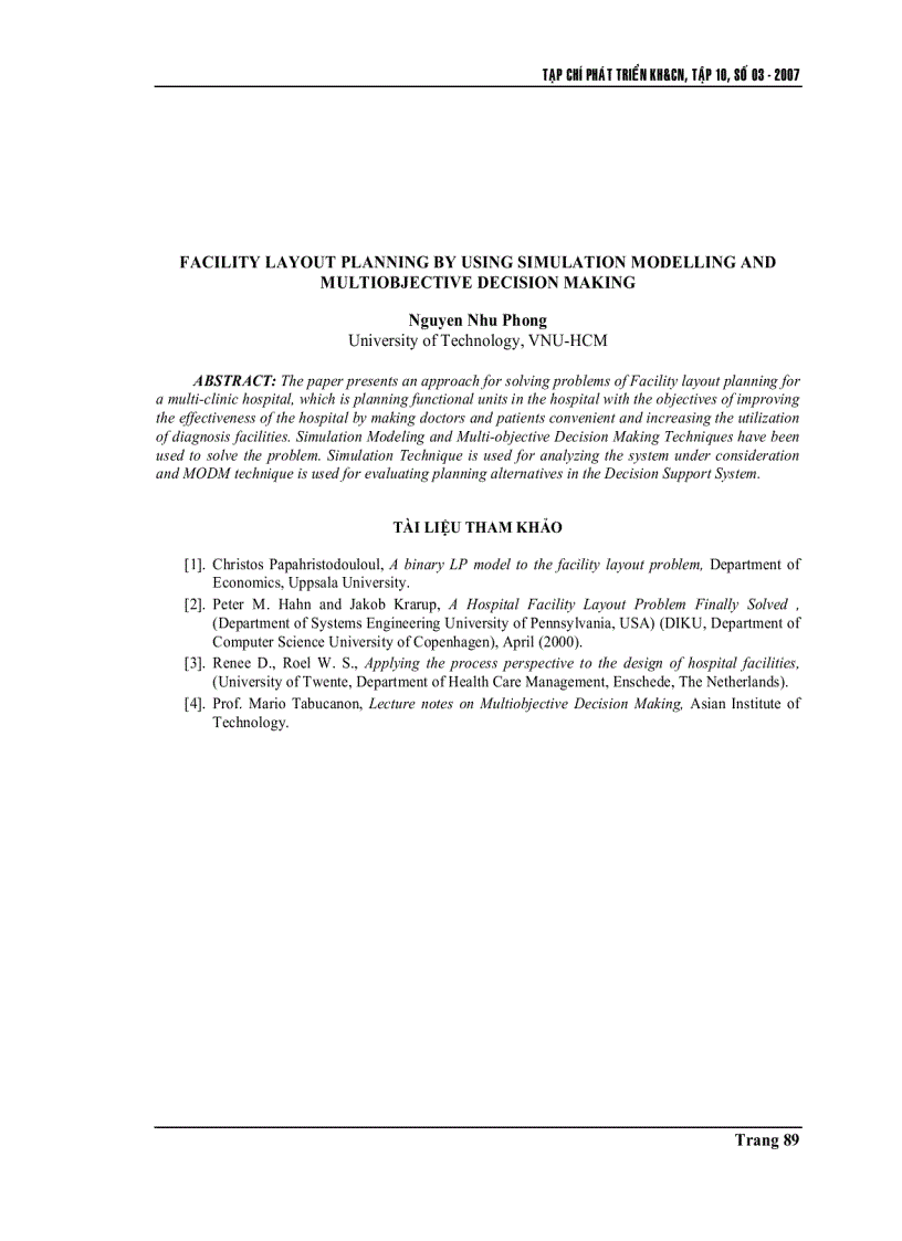 image for page Ứng dụng kỹ thuật mô phỏng và kỹ thuật ra quyết định đa mục tiêu trong hoạch định mặt bằng bệnh viện đa khoa