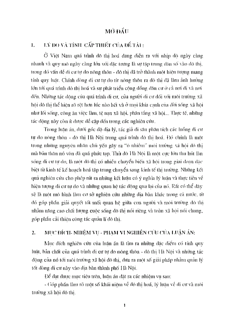 Di cư tự do trong quá trình đô thị hóa và tác động của nó tới môi trường thành phố Hà Nội