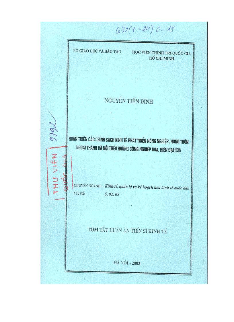 image for page Hoàn thiện các chính sách kinh tế phát triển nông nghiệp nông thôn ngoại thành Hà Nội theo hướng CNH HĐH