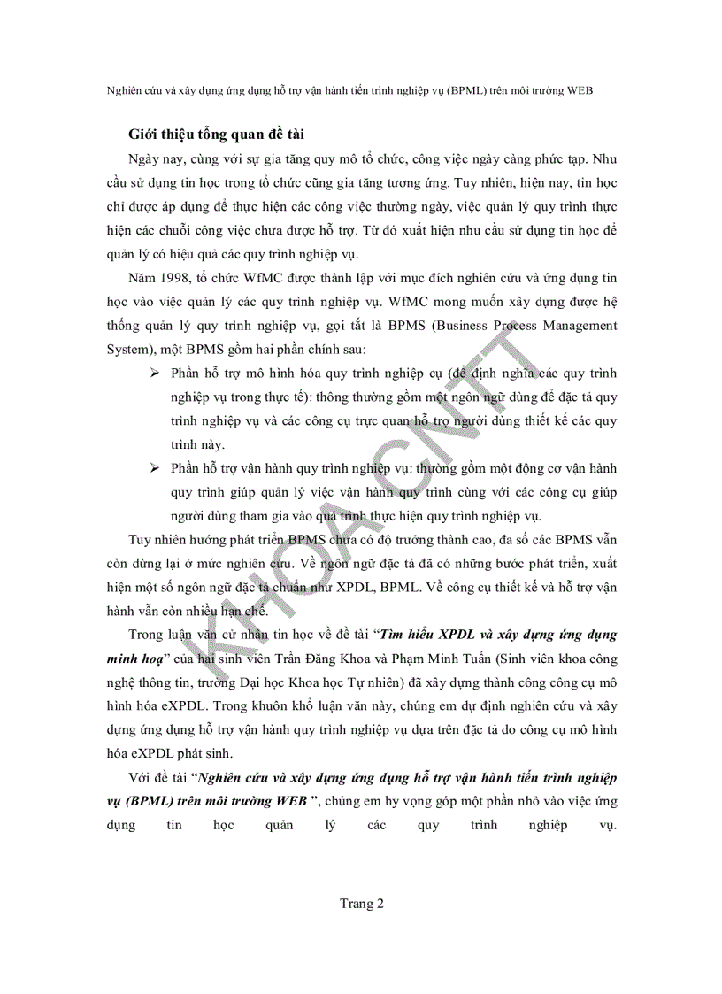 Nghiên cứu và xây dựng ứng dụng hỗ trợ vận hành tiến trình nghiệp vụ BPML trên môi trườngWEB