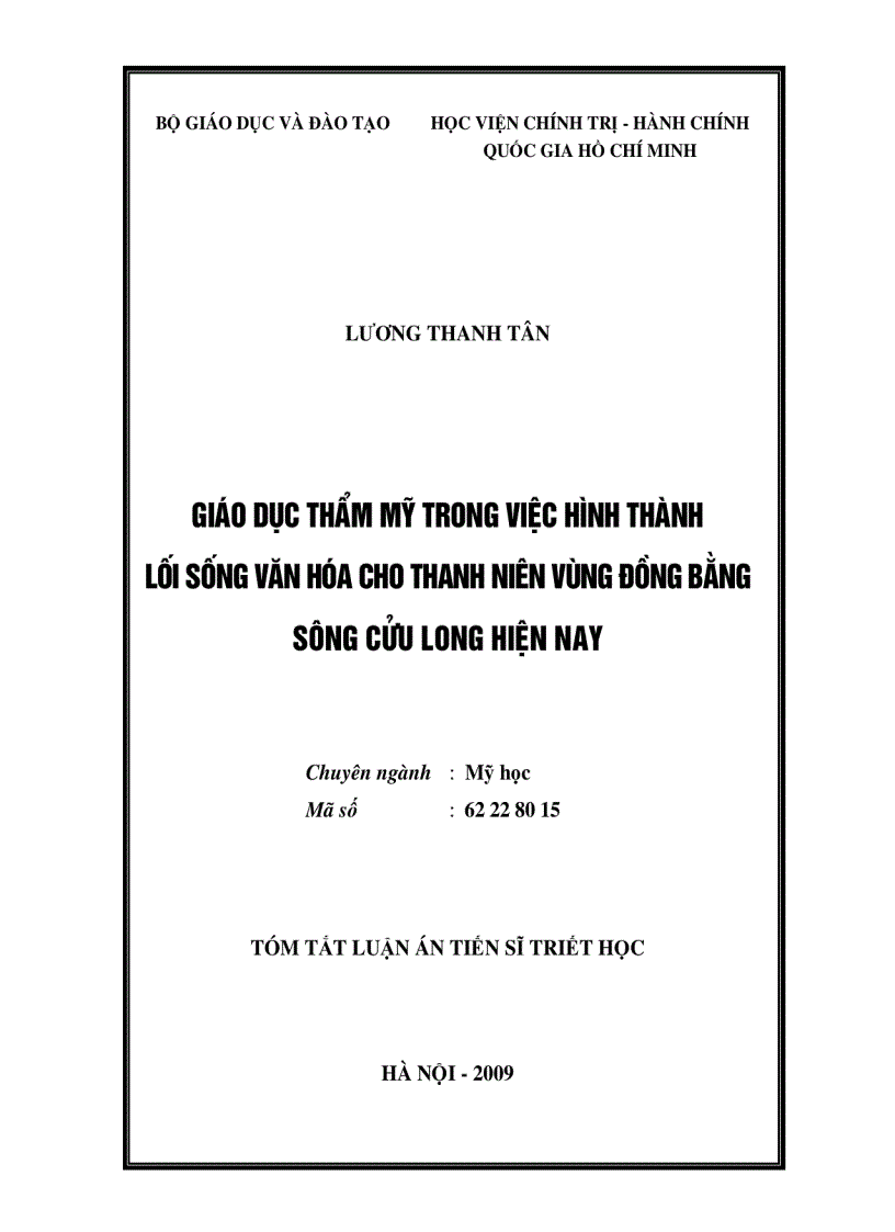 Giáo dục thẩm mỹ trong việc hình thành lối sống văn hoá cho thanh niên vùng đồng bằng sông Cửu Long hiện nay