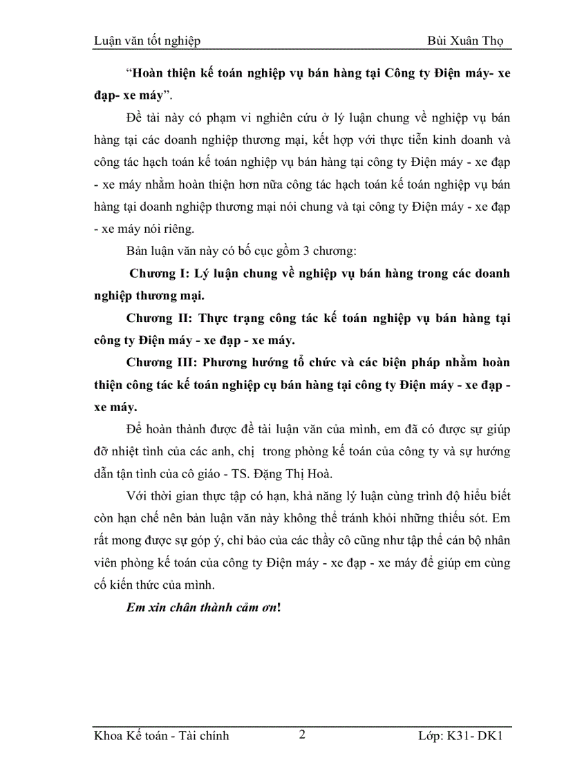 Chuyên Đề Hoàn Thiện Kế Toán Nghiệp Vụ Bán Hàng Tại Công Ty Điện Máy Xe