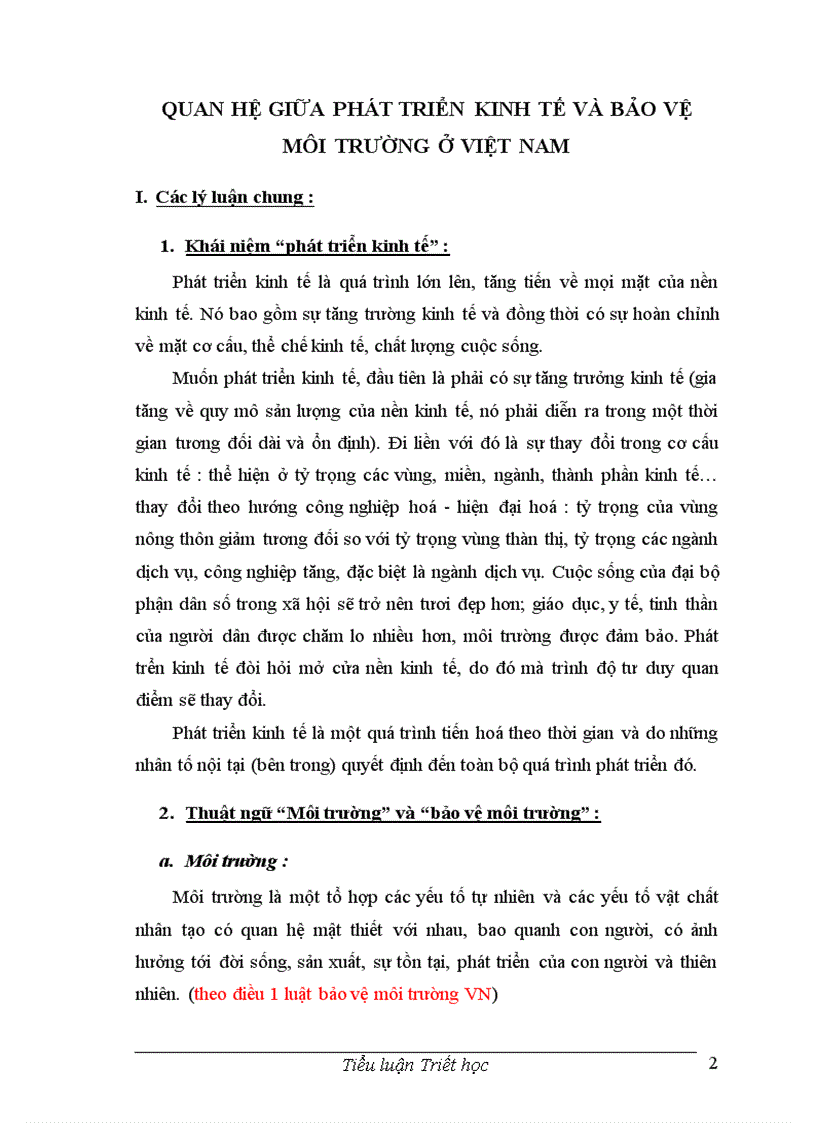Quan hệ giữa phát triển kinh tế và bảo vệ môi trường ở VN