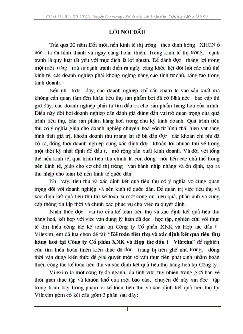 image for page Kế toán tiêu thụ và xác định kết quả tiêu thụ hàng hoá tại Công ty CP XNK và Hợp tác đầu tư Vilexim