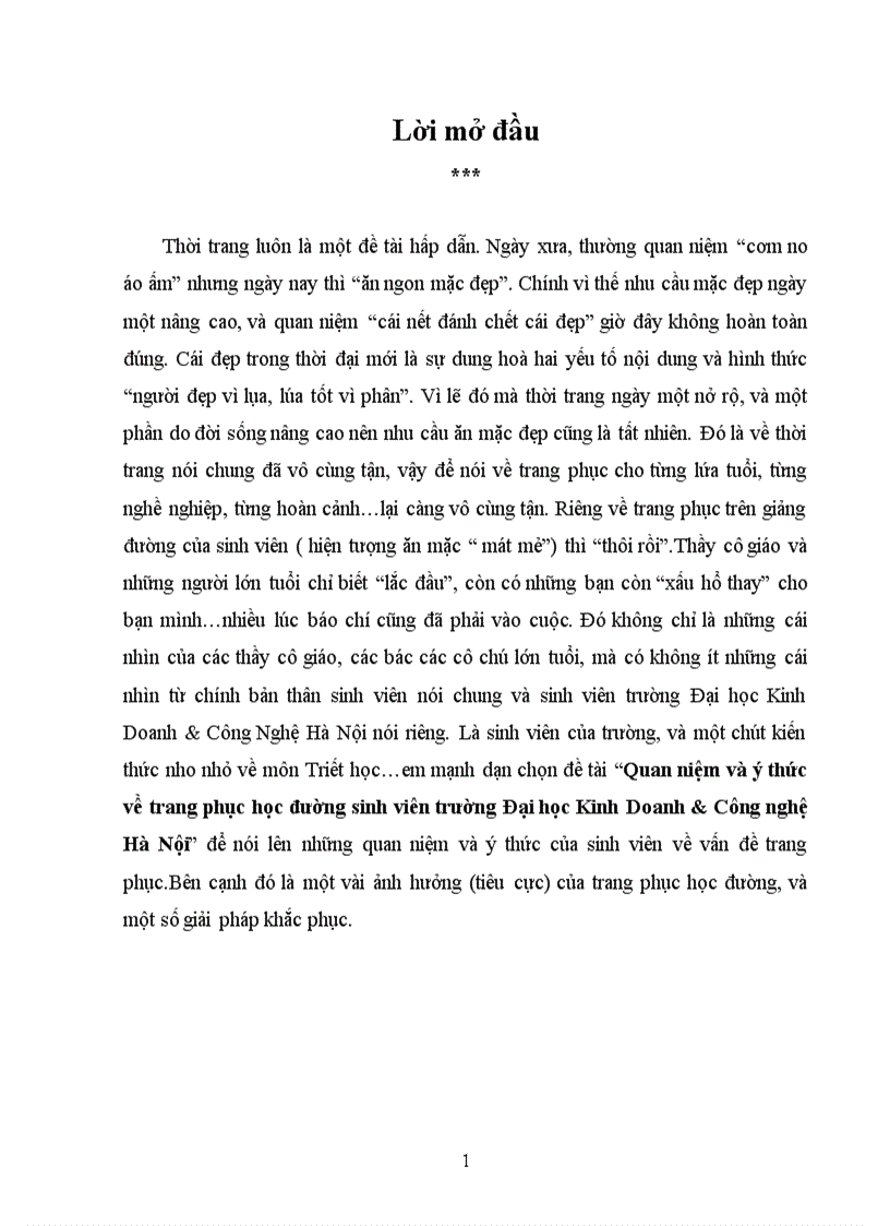 Quan niệm và ý thức về trang phục học đường sinh viên trường Đại học Kinh Doanh Công nghệ Hà Nội