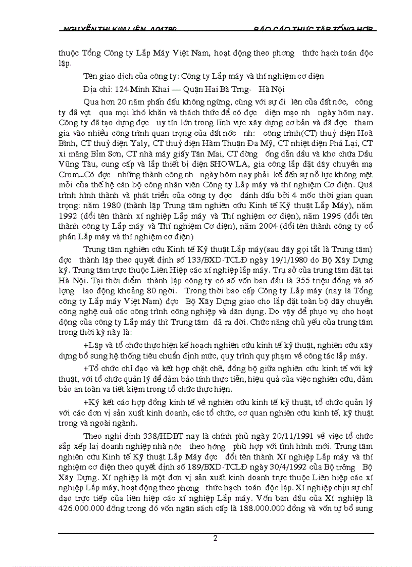 Báo cáo thực tập Tại Công ty lắp máy và thí nghiệm cơ điện Hà Nội