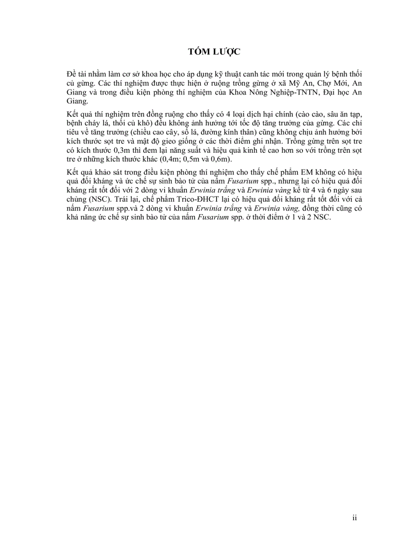 image for page Hiệu quả của chế phẩm EM TRICO ĐHCT đối với bệnh thối củ gừng và ảnh hưởng của lượng giống kích thước sọt tre lên sinh trưởng năng suất củ gừng tại Mỹ An Chợ Mới An Giang