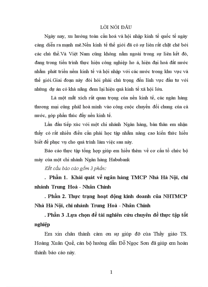 Báo cáo thực tập tại ngân hàng TMCP Nhà Hà Nội chi nhánh Trung Hoà Nhân Chính