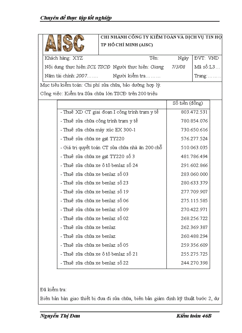 image for page Hoàn thiện kiểm toán TSCĐ trong kiểm toán BCTC do Công ty kiểm toán và dịch vụ tin học AISC Chi nhánh Hà Nội thực hiện