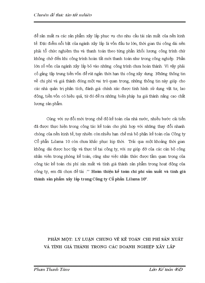Hoàn thiện kế toán chi phí sản xuất và tính giá thành sản phẩm xây lắp trong Công ty Cổ phần Lilama 10