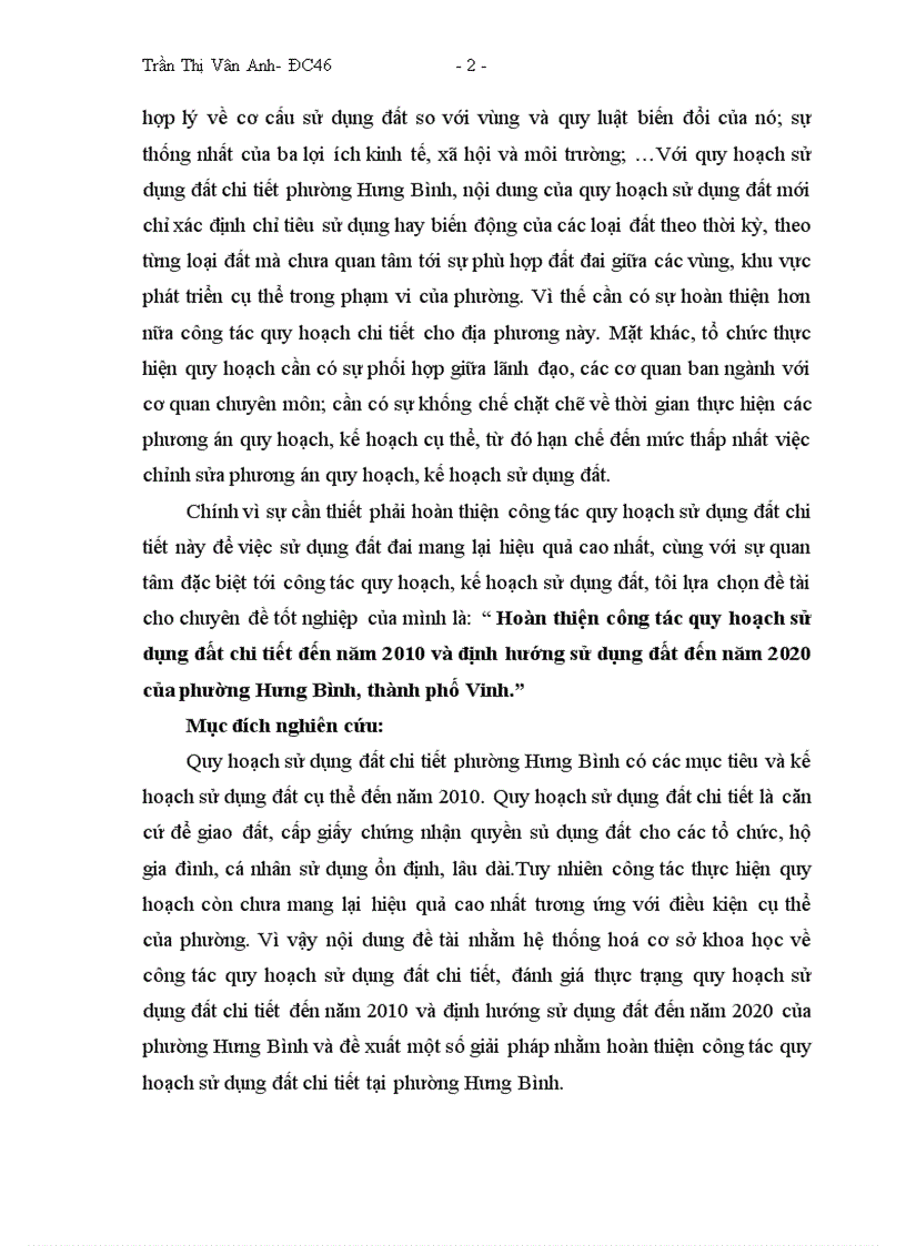 image for page Hoàn thiện công tác quy hoạch sử dụng đất chi tiết đến năm 2010 và định hướng sử dụng đất đến năm 2020 của phường Hưng Bình thành phố Vinh