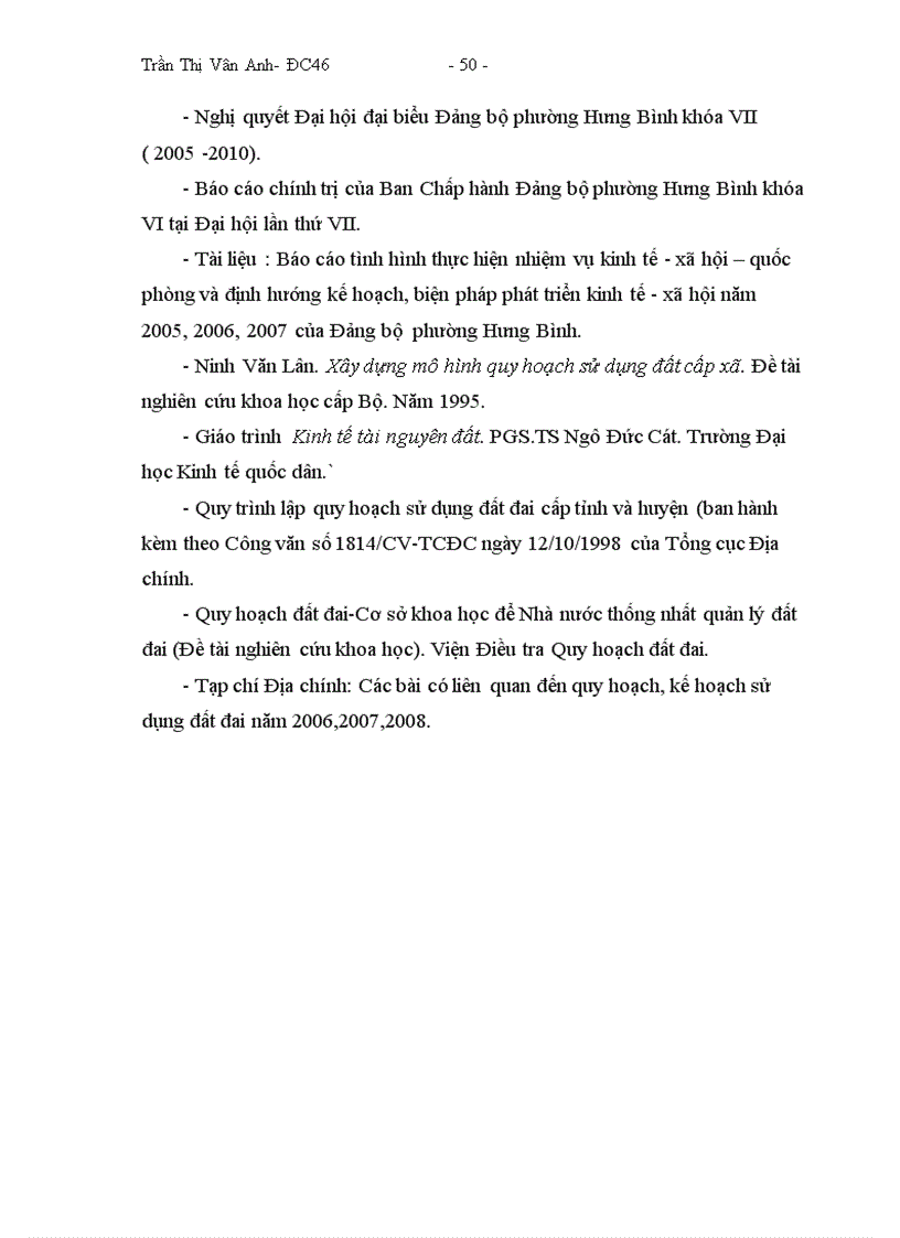 image for page Hoàn thiện công tác quy hoạch sử dụng đất chi tiết đến năm 2010 và định hướng sử dụng đất đến năm 2020 của phường Hưng Bình thành phố Vinh