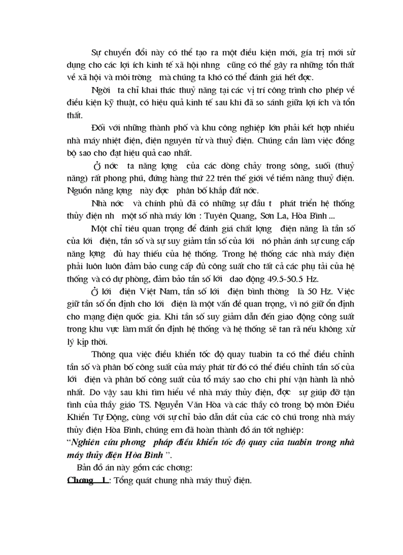 Nghiên cứu phương pháp điều khiển tốc độ quay của tuabin trong nhà máy thủy điện Hòa Bình