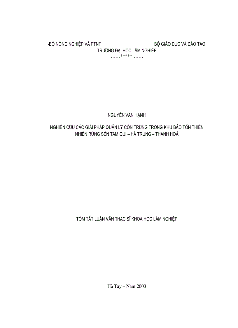 image for page Nghiên cứu các giải pháp quản lý côn trùng trong khu bảo tồn thiên nhiên rừng Sến Tam Quy Hà Trung Thanh Hóa