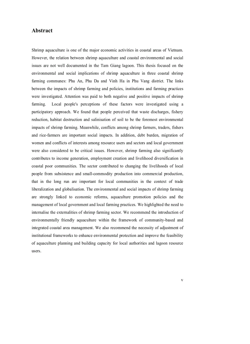 image for page Environmental and Social Impacts of Shrimp farming in Tam Giang lagoon Vietnam Local perception