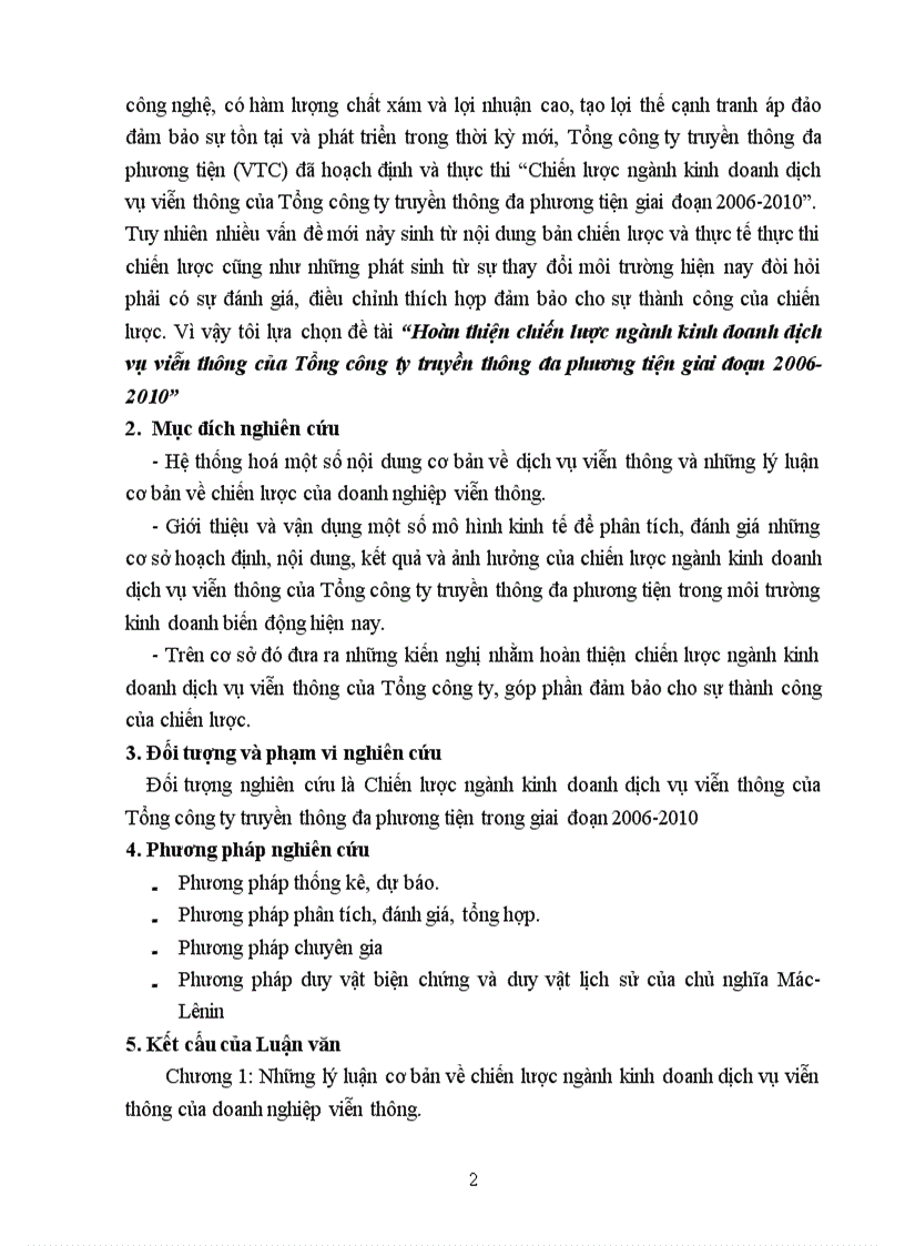 Hoàn thiện chiến lược ngành kinh doanh dịch vụ viễn thông của Tổng công ty truyền thông đa phương tiện giai đoạn 2006 2010