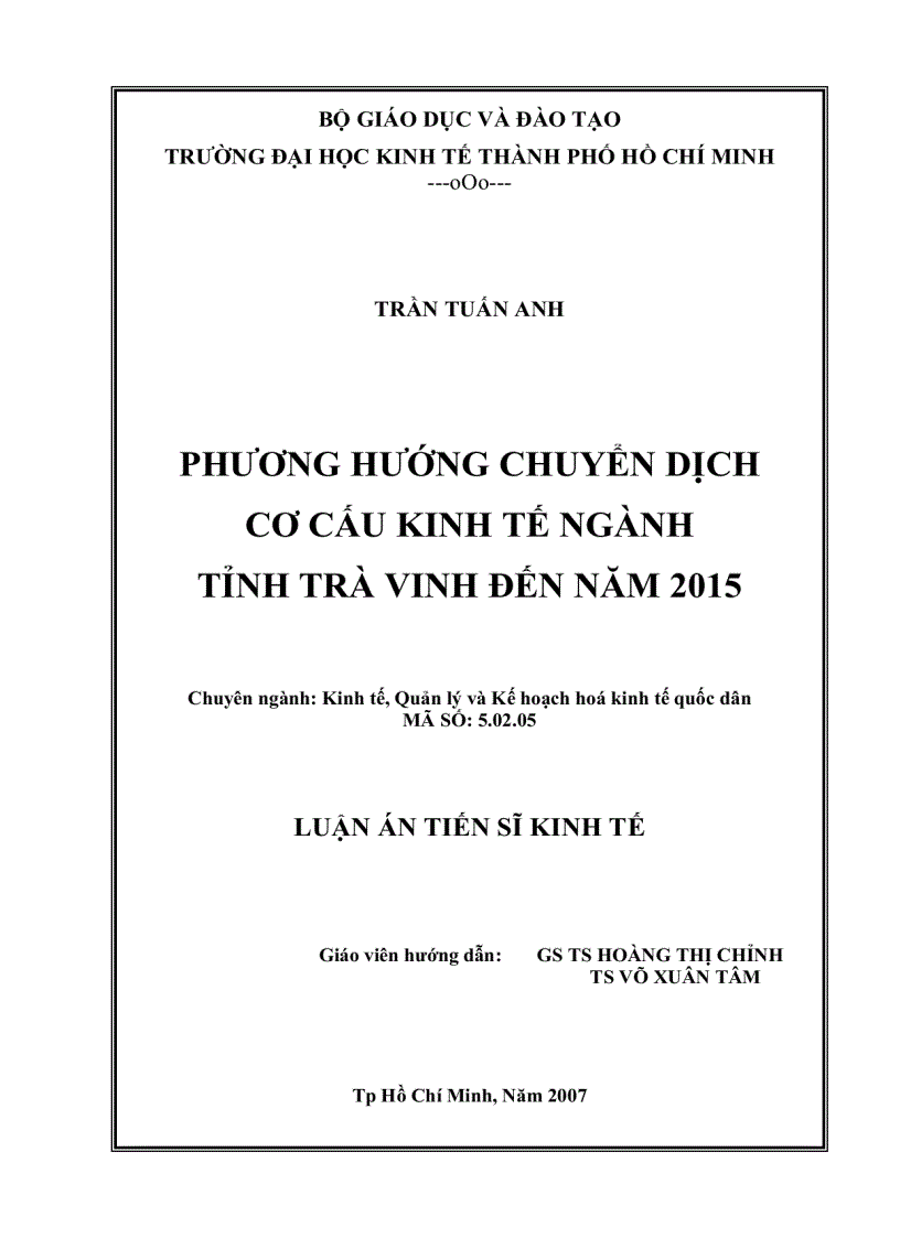 image for page Luận án tiến sỹ Phương pháp chuyển dịch cơ cấu kinh tế ngành tỉnh Trà Vinh đến năm 2015