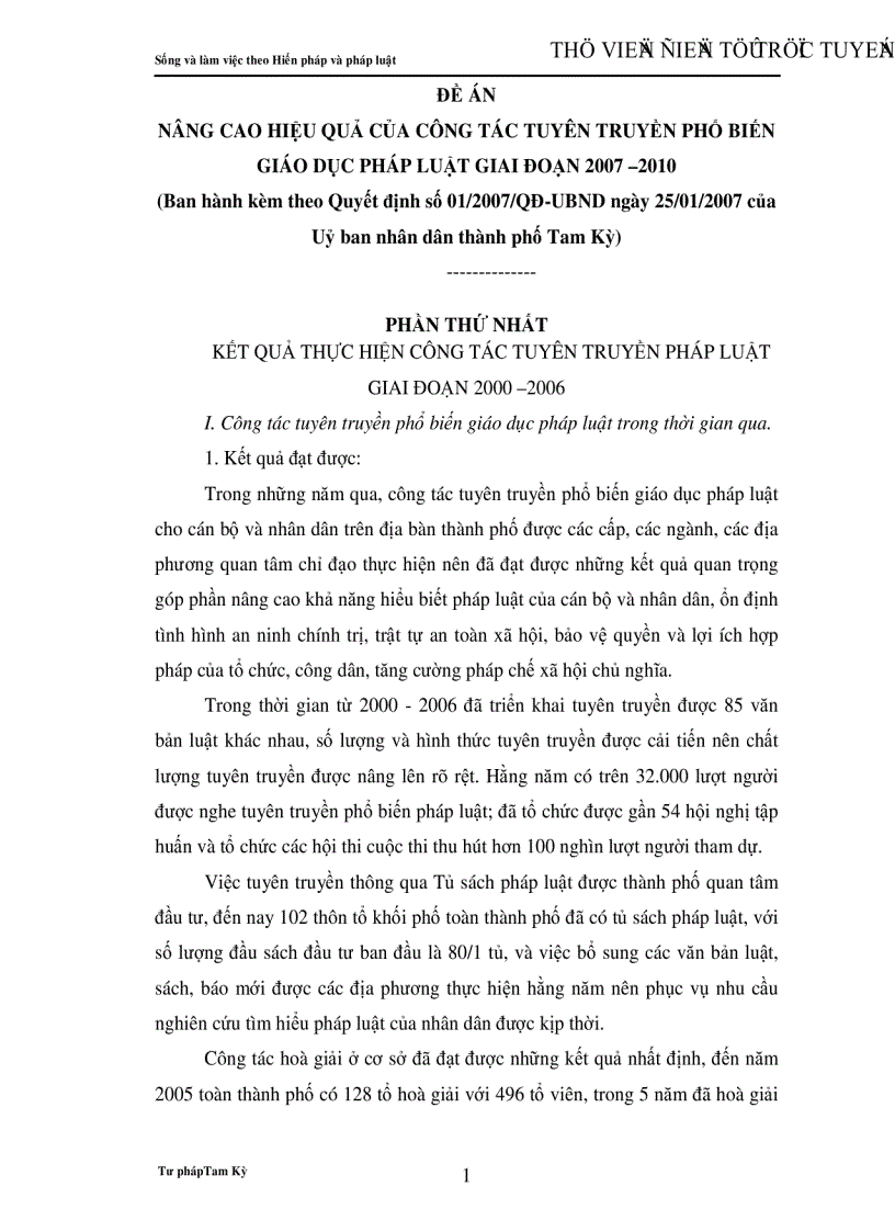 image for page Nâng cao hiệu quả của công tác tuyên truyền phổ biến giáo dục pháp luật giai đoạn 2007 2010 Ban hành kèm theo Quyết định số 01 2007 QĐ UBND ngày 25 01 2007 của Uỷ ban nhân dân thành phố Tam Kỳ