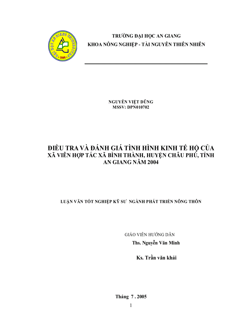 Điều Tra Và Đánh Giá Tình Hình Kinh Tế Hộ Của Xã Viên Hợp Tác Xã Bình Thành Huyện Châu Phú Tỉnh An Giang Năm 2004