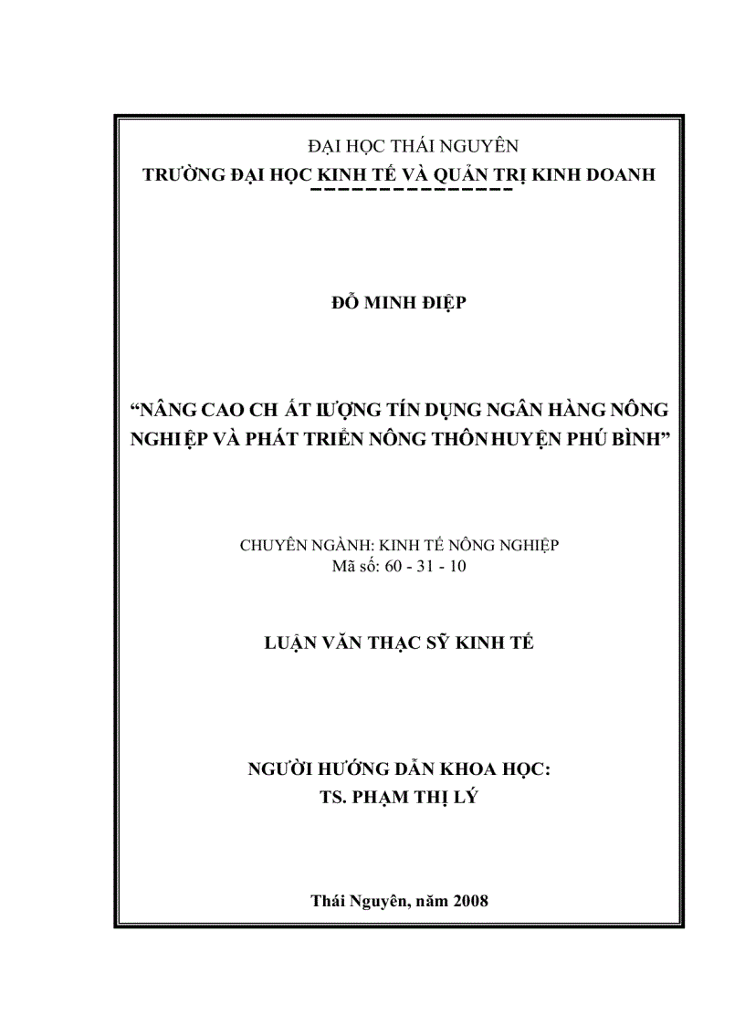 image for page Nâng cao ch ất lượng tín dụng Ngân hàng Nông nghiệp và Phát triển Nông thôn huyện Phú Bình