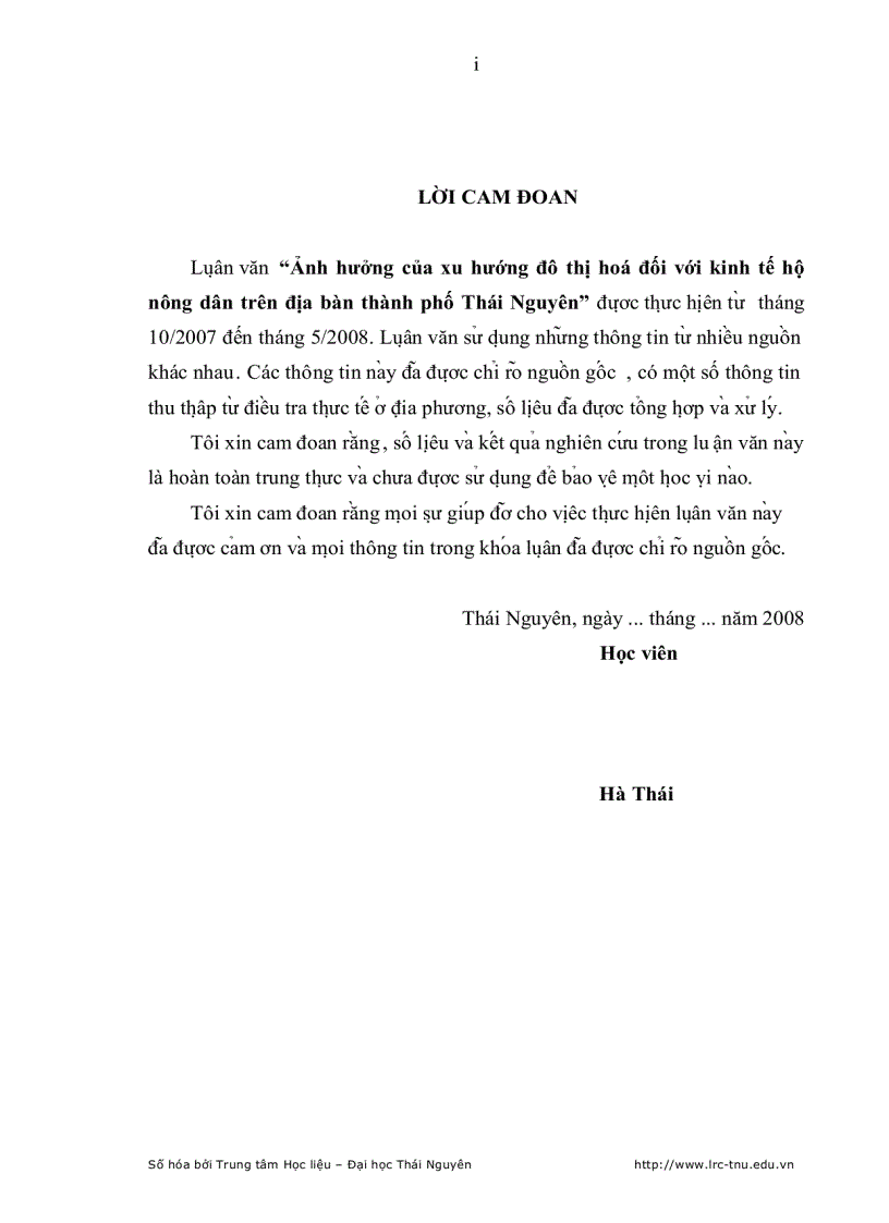 image for page Ảnh hưởng của xu hướng đô thị hoá đối với kinh tế hộ nông dân trên địa bàn thành phố Thái Nguyên