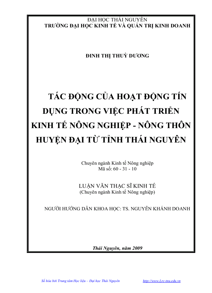 Tác động của hoạt động tín dụng trong việc phát triển Kinh tế nông nghiệp Nông thôn tại huyện Đại Từ tỉnh Thái Nguyên