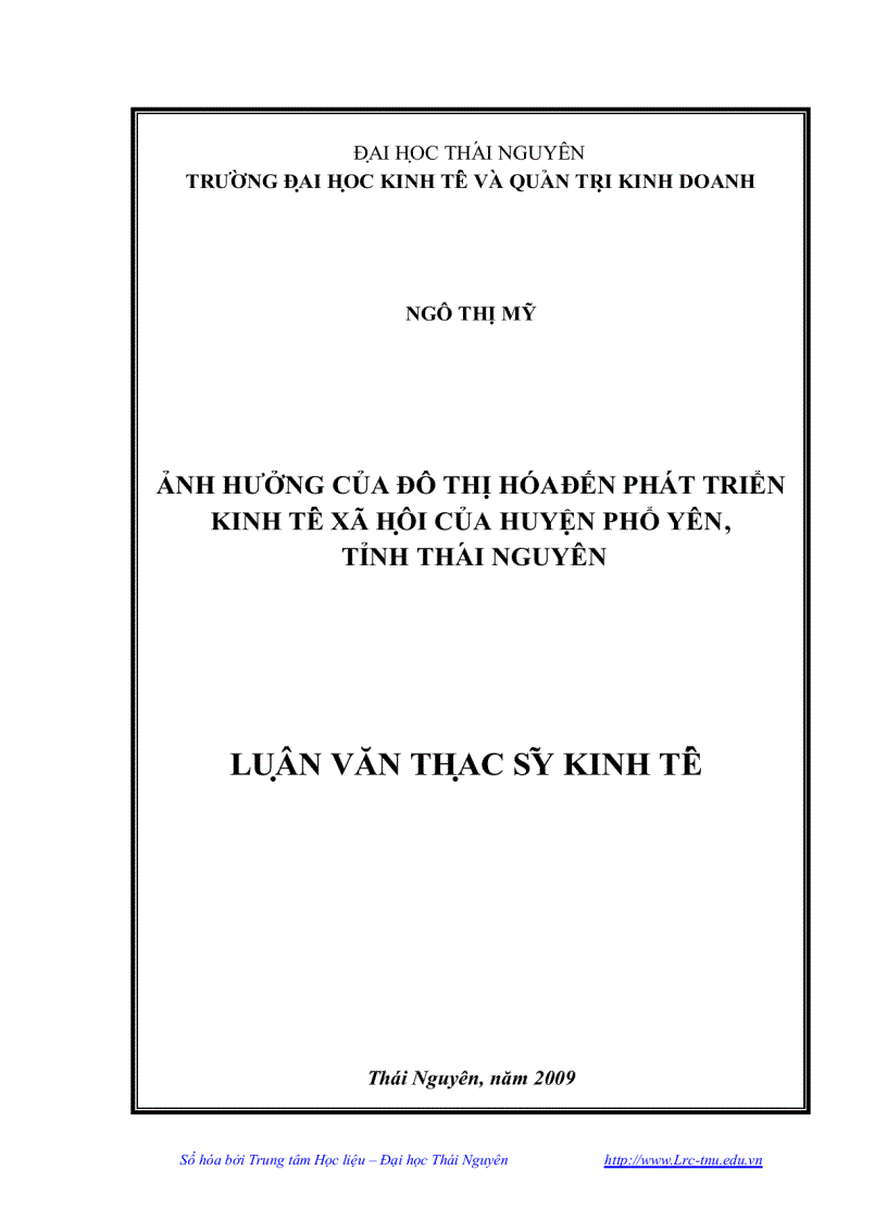 Ảnh hưởng của đô thị hoá đến phát triển kinh tế xã hội của huyện Phổ Yên tỉnh Thái Nguyên