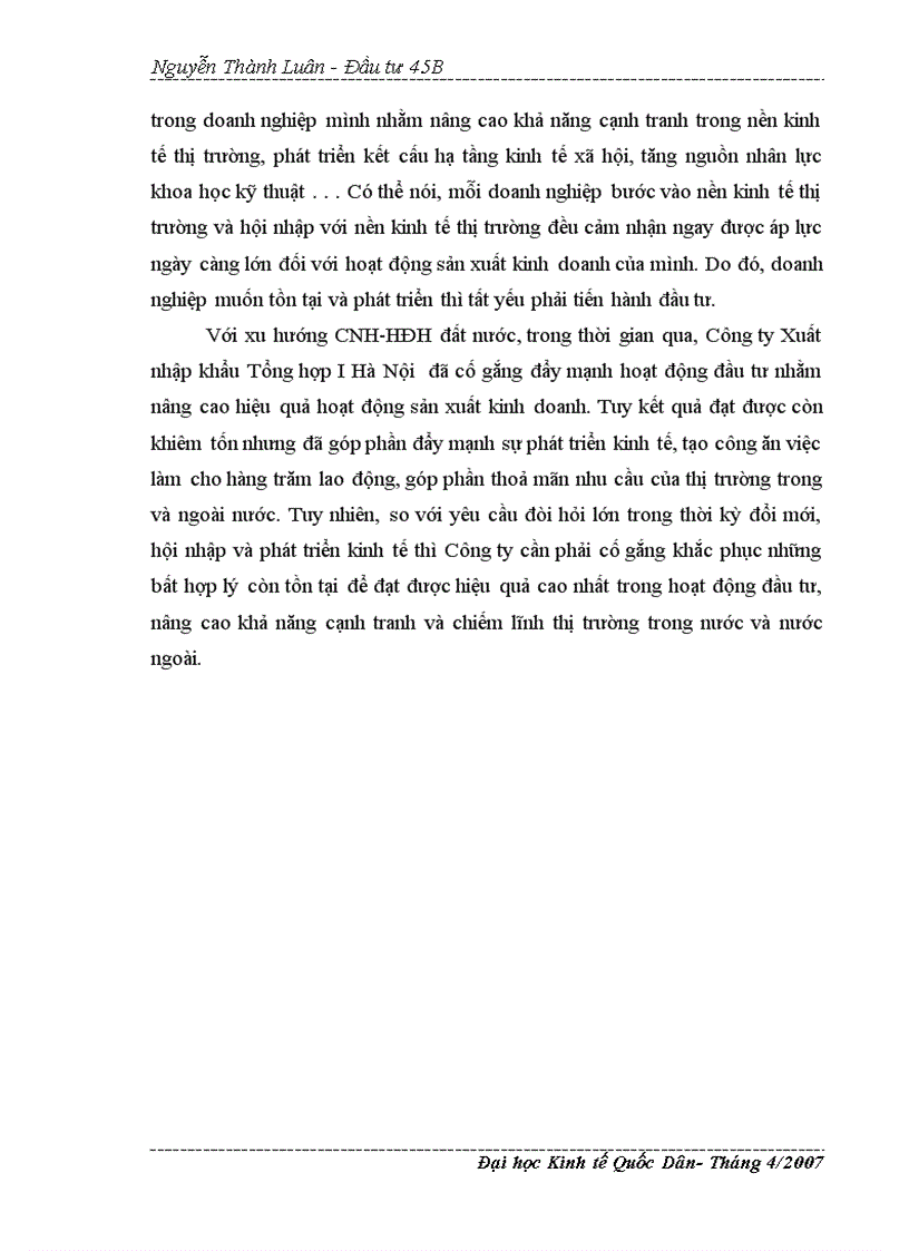 image for page Thực trạng và giải pháp của hoạt động đầu tư phát triển trong công ty XNK Tổng Hợp I