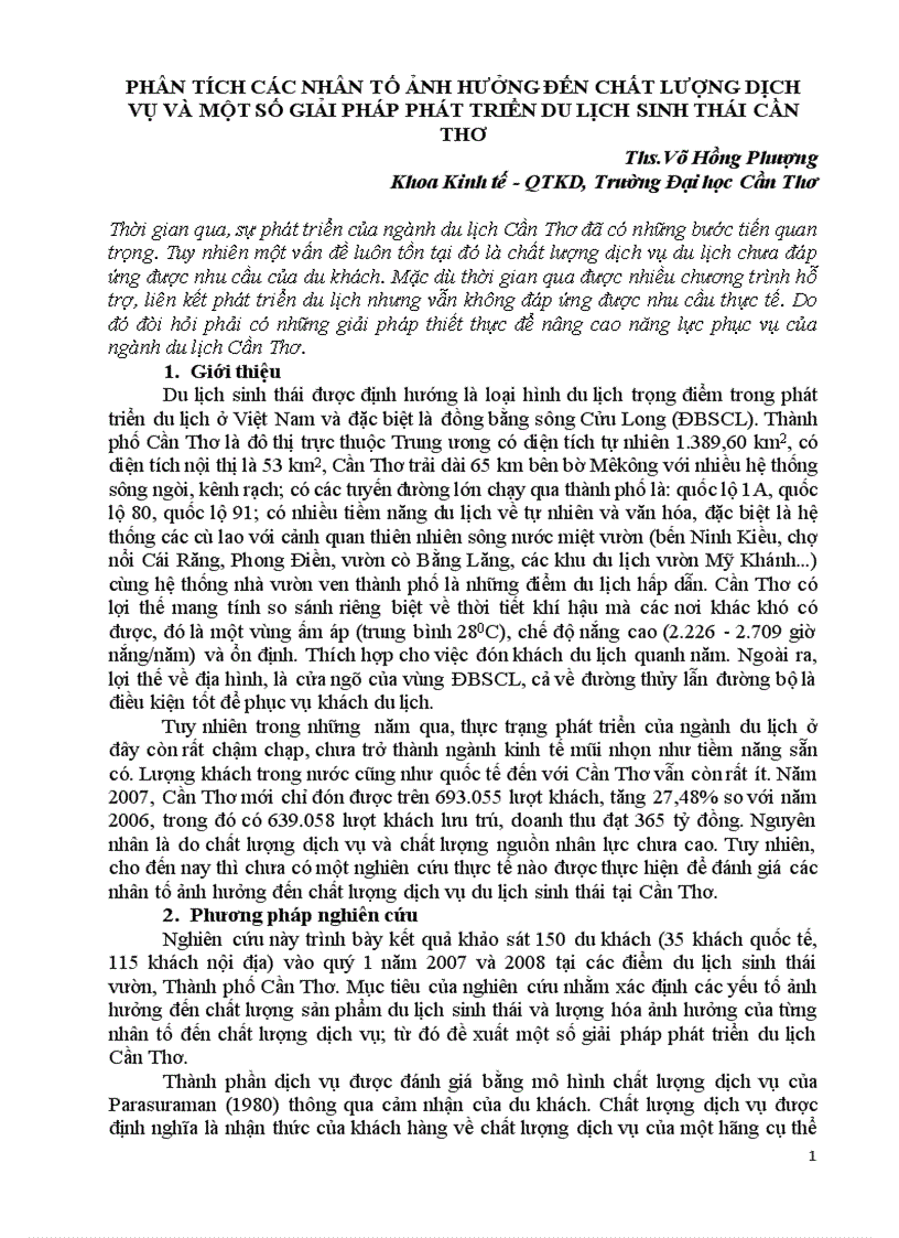 Phân tích các nhân tố ảnh hưởng đến chất lượng dịch vụ và một số giải pháp phát triển du lịch sinh thái cần thơ