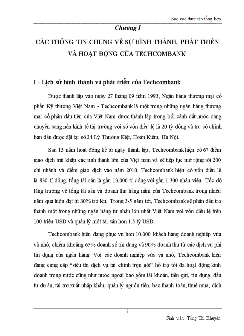 Báo cáo thực tập tại Ngân hàng Thương mại Cổ phần Kỹ thương Việt Nam Techcombank