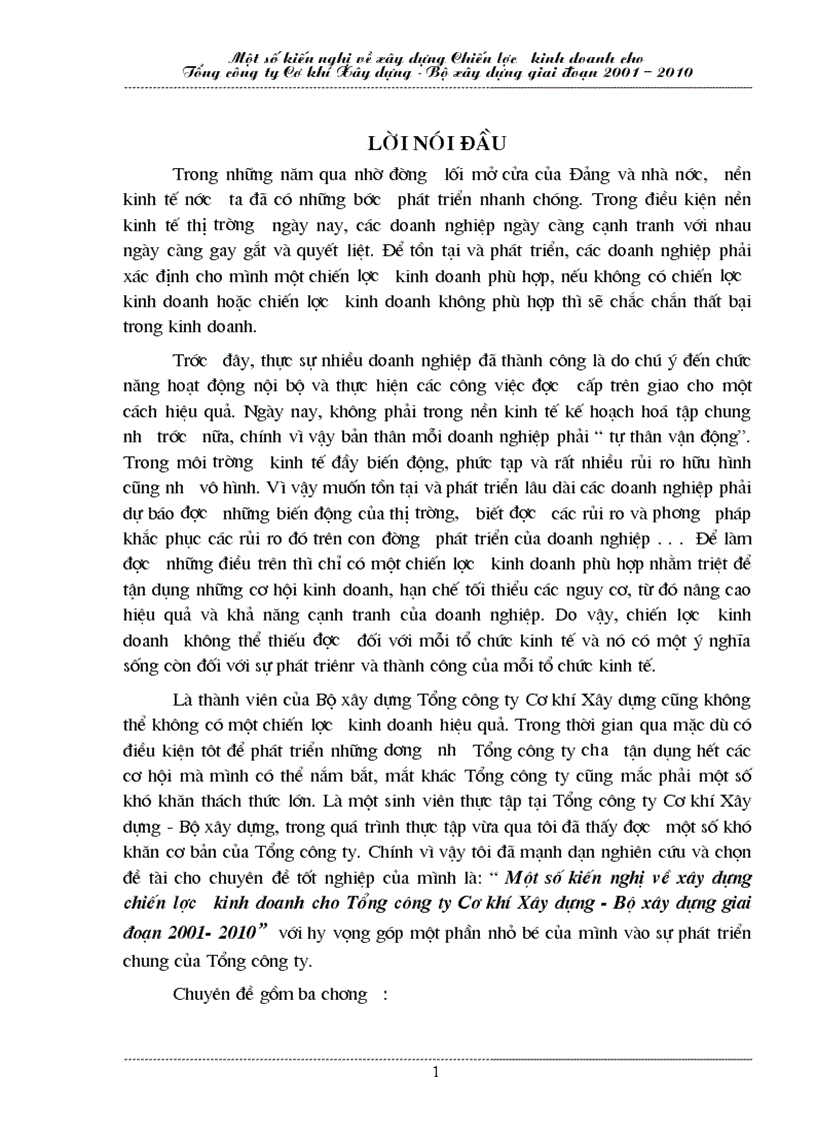 Một số kiến nghị về xây dựng chiến lược kinh doanh cho Tổng công ty Cơ khí Xây dựng Bộ xây dựng giai đoạn 2001 2010